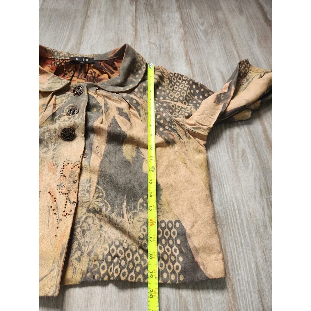 B.L.E.U Tan Green Suede Crop Jacket Rhinestones Abstract Art Lined Sz L GUC - Picture 8 of 13